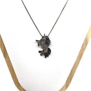 Vintage Y2K Silver Tone Rainbow Rhinestone Unicorn Pendant Snake Chain‎ Necklace